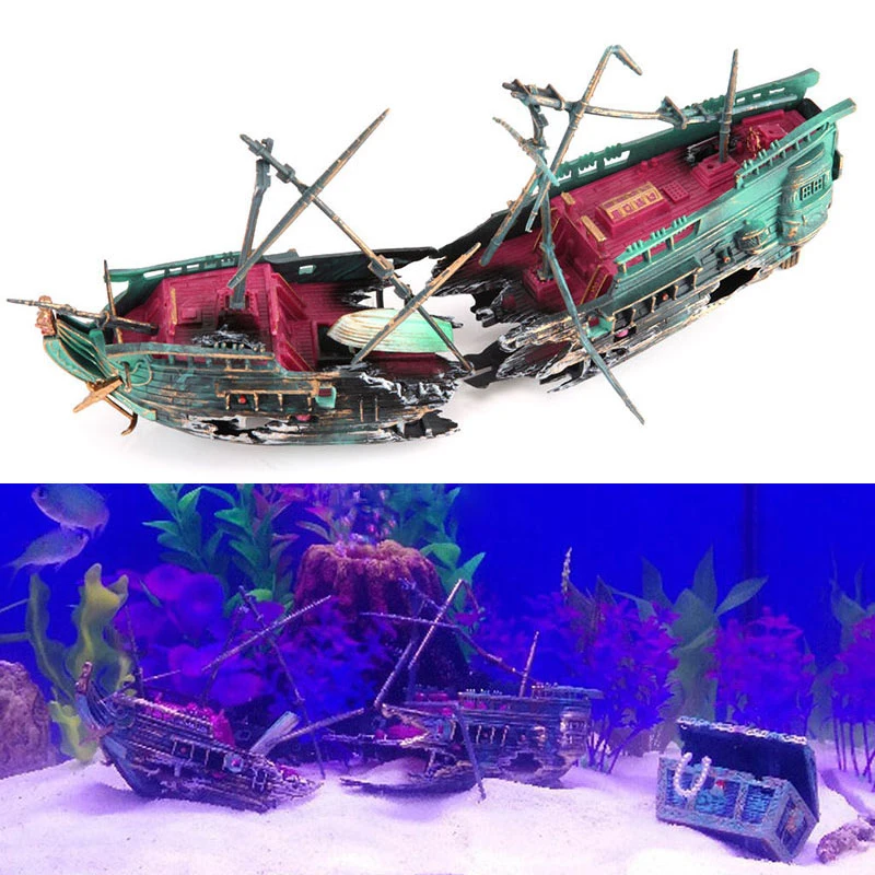 Artificial Aquarium Ornament Air Aerobic Device Decor Split ShipWreck Sailing Boat Sunk Ship Fish Tank Aquarium Decoration