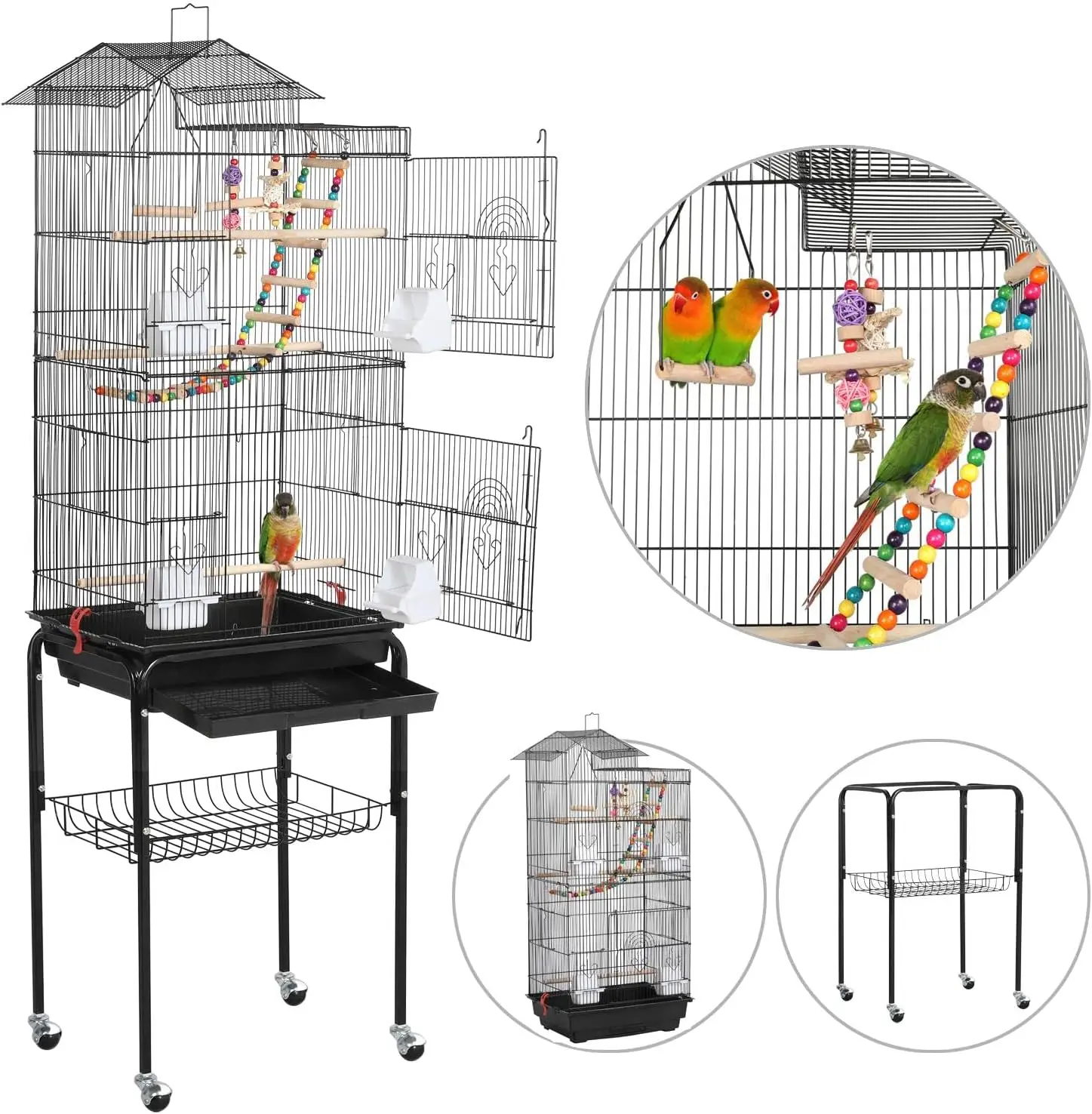 Bird Cage 64-inch Play Open Top Medium Small Parrot Parakeet Bird Cages w/ Detachable Rolling Stand for Parrot Lovebirds Finches - Image 3