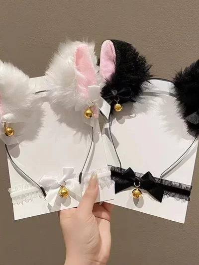 Sexy Cat Ears Headband for Women Girls Lace Bow Necklace Plush Bell Hairband Cosplay Masquerade-Party Costume Hair Accessories