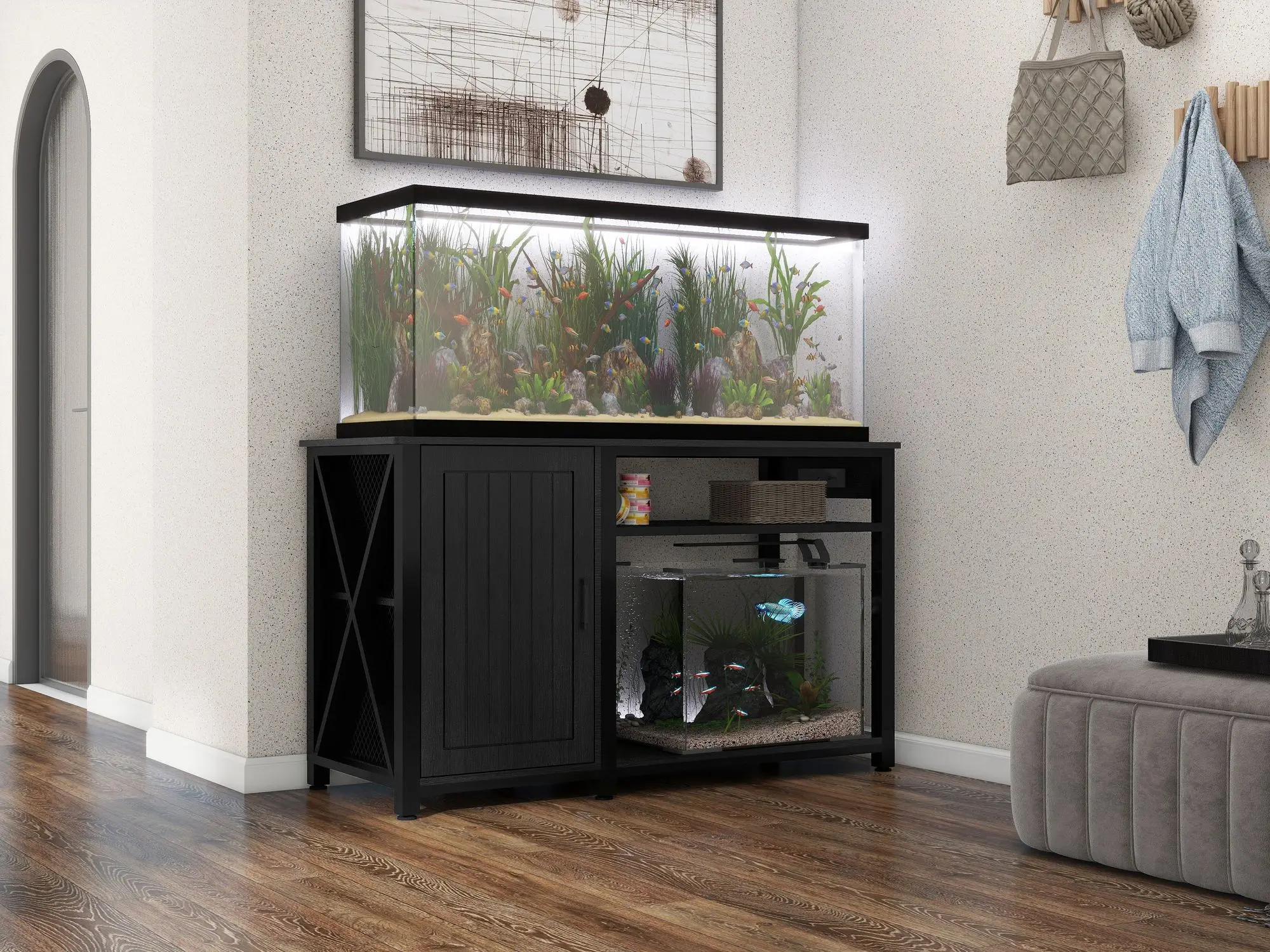 Heavy Duty 55-75 Gallon Aquarium Stand with Power Outlet, Fish Tank Accessory Storage Cabinet -, 880 lb Capacity, Black