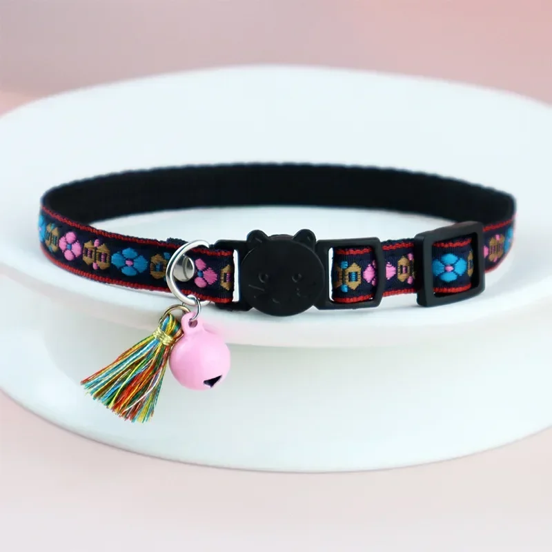 Adjustable cat collar with tassels and bells embellished pet collar colorful plaid jacquard pattern for cat and dog collars - Image 7