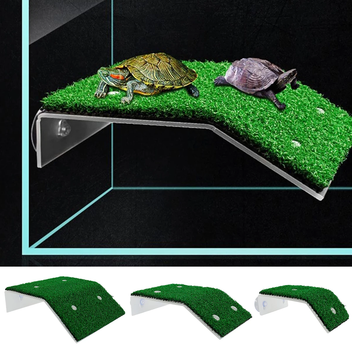 Fish Tank Lawn Turtle Basking Platform Turtle Climbing Platform with Suction Cup Simulation Turf Turtle Ramp Ladder for Aquarium - Image 2