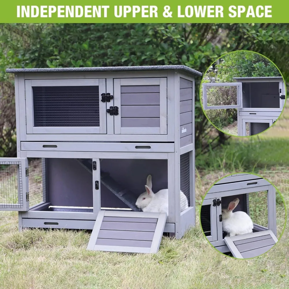 Rabbit Hutch Bunny Cage, Guinea Pig Cage Bunny Hutch Indoor, Wood Pet Cage with 4 Casters -2 Story & 2 Trays - Image 12