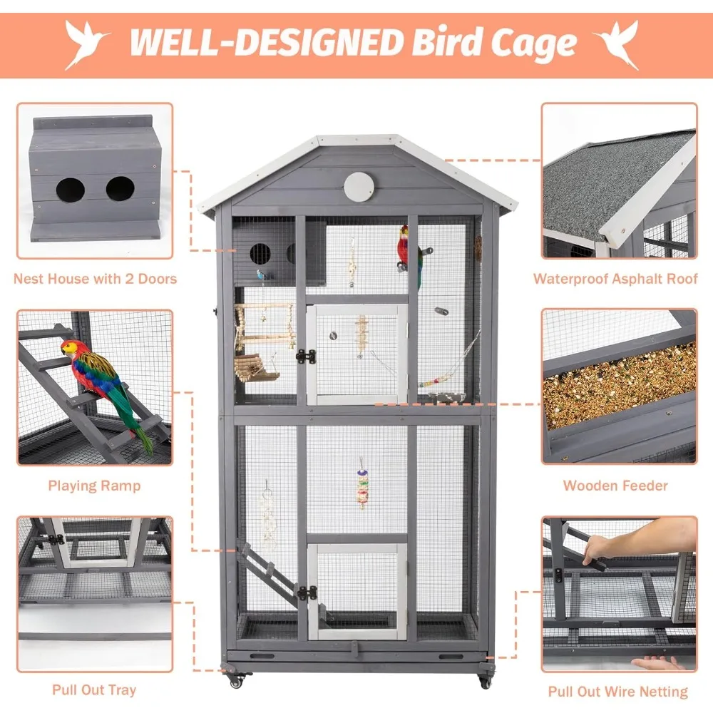 Outdoor Bird Cage Large, Wooden Flight Aviary with Perches, Nest Habitat, and Easy-Clean Pull Out Tray for Parakeets, Macaws - Image 2