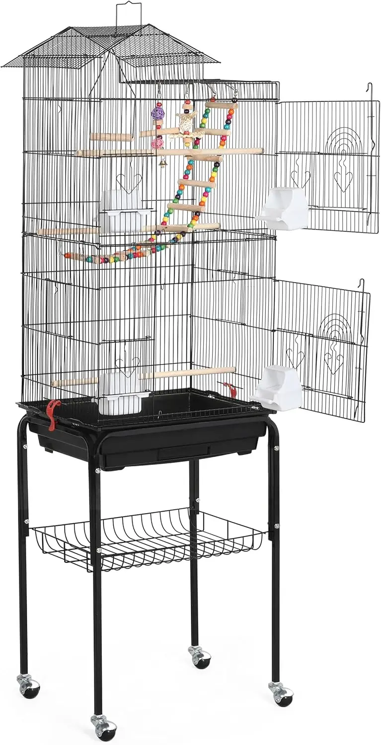 Bird Cage 64-inch Play Open Top Medium Small Parrot Parakeet Bird Cages w/ Detachable Rolling Stand for Parrot Lovebirds Finches