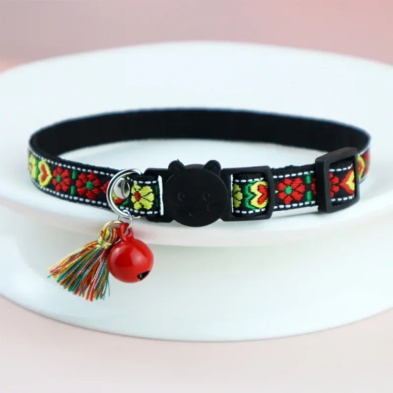 Adjustable cat collar with tassels and bells embellished pet collar colorful plaid jacquard pattern for cat and dog collars - Image 9
