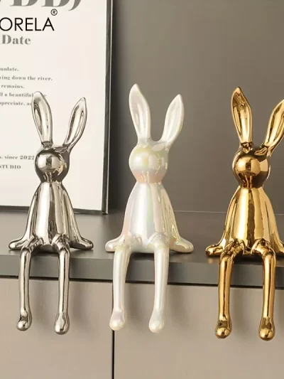 1PCS Ceramic Long-Eared Sitting Rabbit Room Ornaments Statue Luxury Home Decoration Accessories High-End Home Art Aesthetics