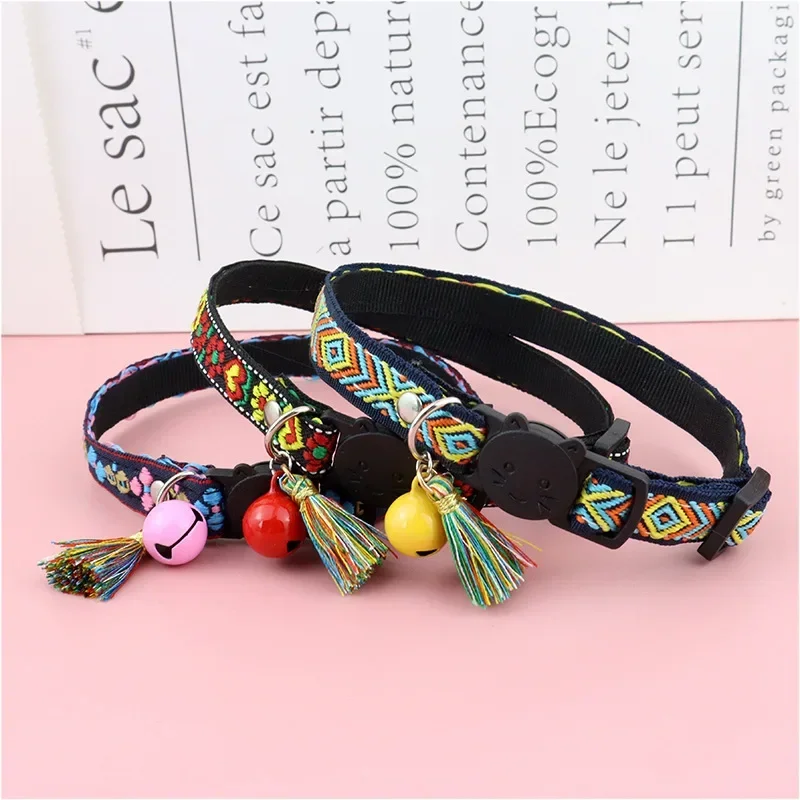 Adjustable cat collar with tassels and bells embellished pet collar colorful plaid jacquard pattern for cat and dog collars - Image 12
