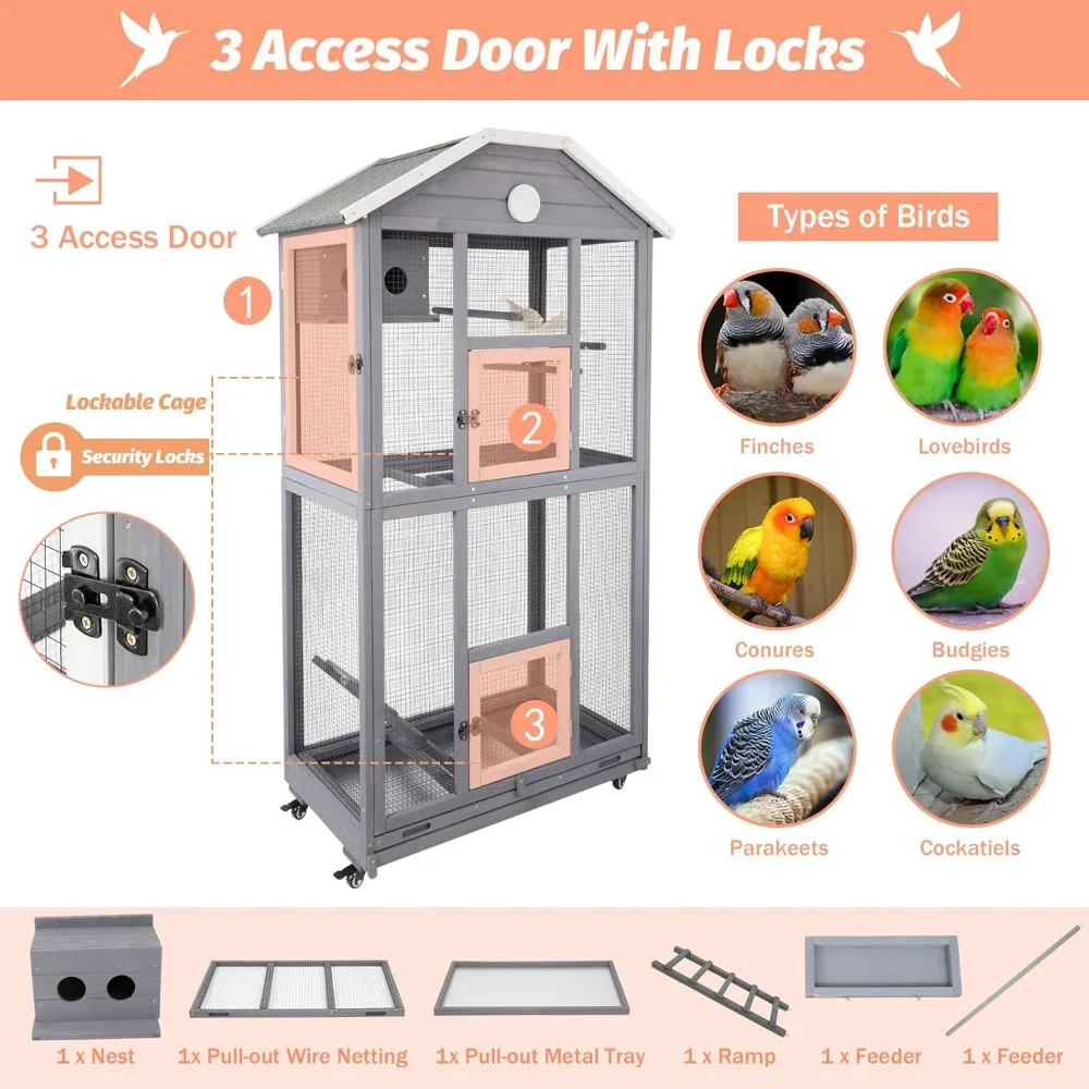 Outdoor Bird Cage Large, Wooden Flight Aviary with Perches, Nest Habitat, and Easy-Clean Pull Out Tray for Parakeets, Macaws - Image 3