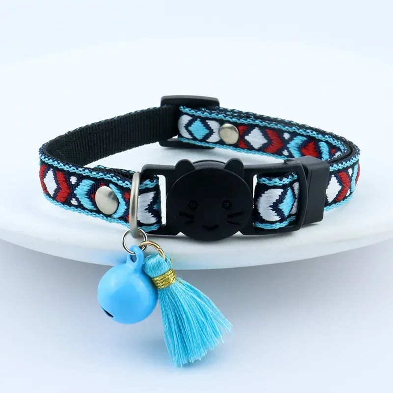 Adjustable cat collar with tassels and bells embellished pet collar colorful plaid jacquard pattern for cat and dog collars - Image 15