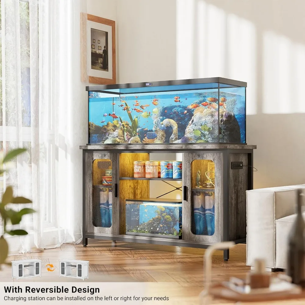 Reptile Tank Stand Fish Tank Stand with Power Outlets & LED Light, 55-75 Gallon Reversible Terrarium Stand with Cabinet - Image 6