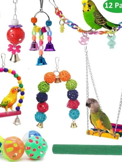 12pcs Pack Bird Toy Cage Bird Accessories Wood Parrot Toys Bird Toy Swing Suspension Bridge Ball Cage Bells Pet Supplies Set