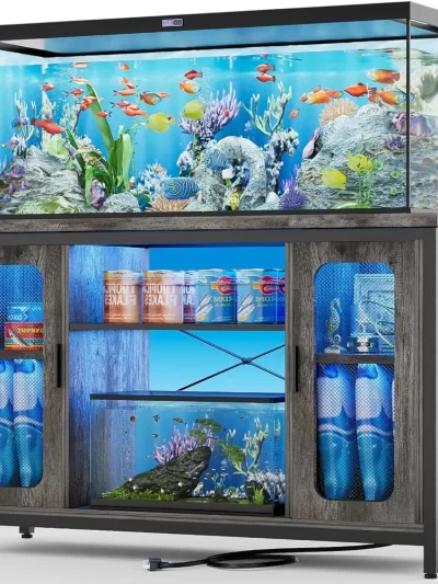 Reptile Tank Stand Fish Tank Stand with Power Outlets & LED Light, 55-75 Gallon Reversible Terrarium Stand with Cabinet