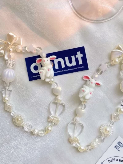 Stereoscopic Rabbit Mobile Phone Strap Pearl Beaded Mobile Phone Chain Short Versatile Anti-Loss Pendant Accessories For IPhone