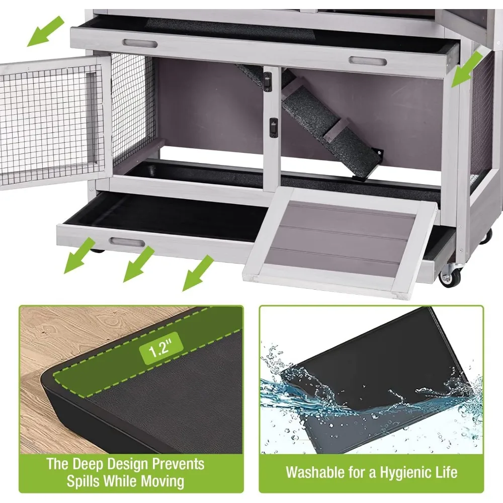 Rabbit Hutch Bunny Cage, Guinea Pig Cage Bunny Hutch Indoor, Wood Pet Cage with 4 Casters -2 Story & 2 Trays - Image 10