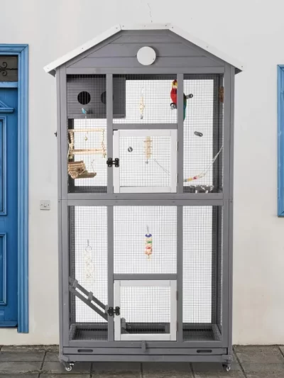 Outdoor Bird Aviary with Wheels,Wooden Bird Cage Indoor Finches Cage Flight cage Wire Mesh,Easy Clean Tray Perches Nest Feeder