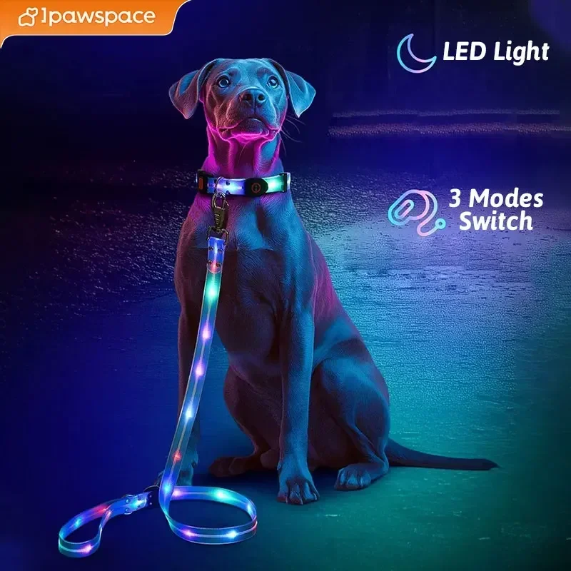 LED Light Up Dog Collar and Leash Walking Safety Glow in The Dark, Three Lighting Modes, USB Rechargeable Dog Colorful LED Leash - Image 2