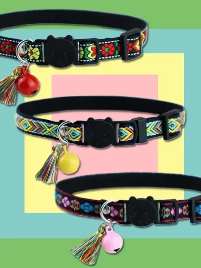 Adjustable cat collar with tassels and bells embellished pet collar colorful plaid jacquard pattern for cat and dog collars