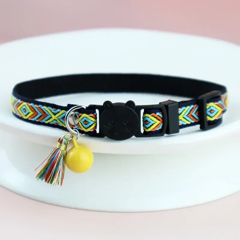 Adjustable cat collar with tassels and bells embellished pet collar colorful plaid jacquard pattern for cat and dog collars - Image 8