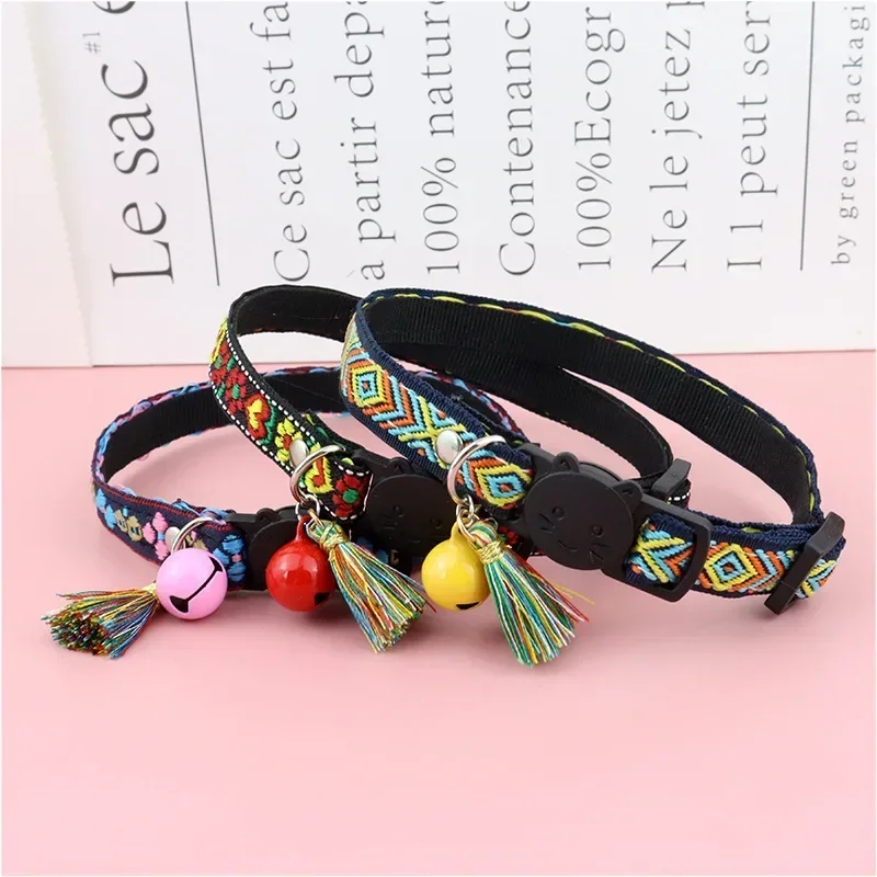 Adjustable cat collar with tassels and bells embellished pet collar colorful plaid jacquard pattern for cat and dog collars - Image 3
