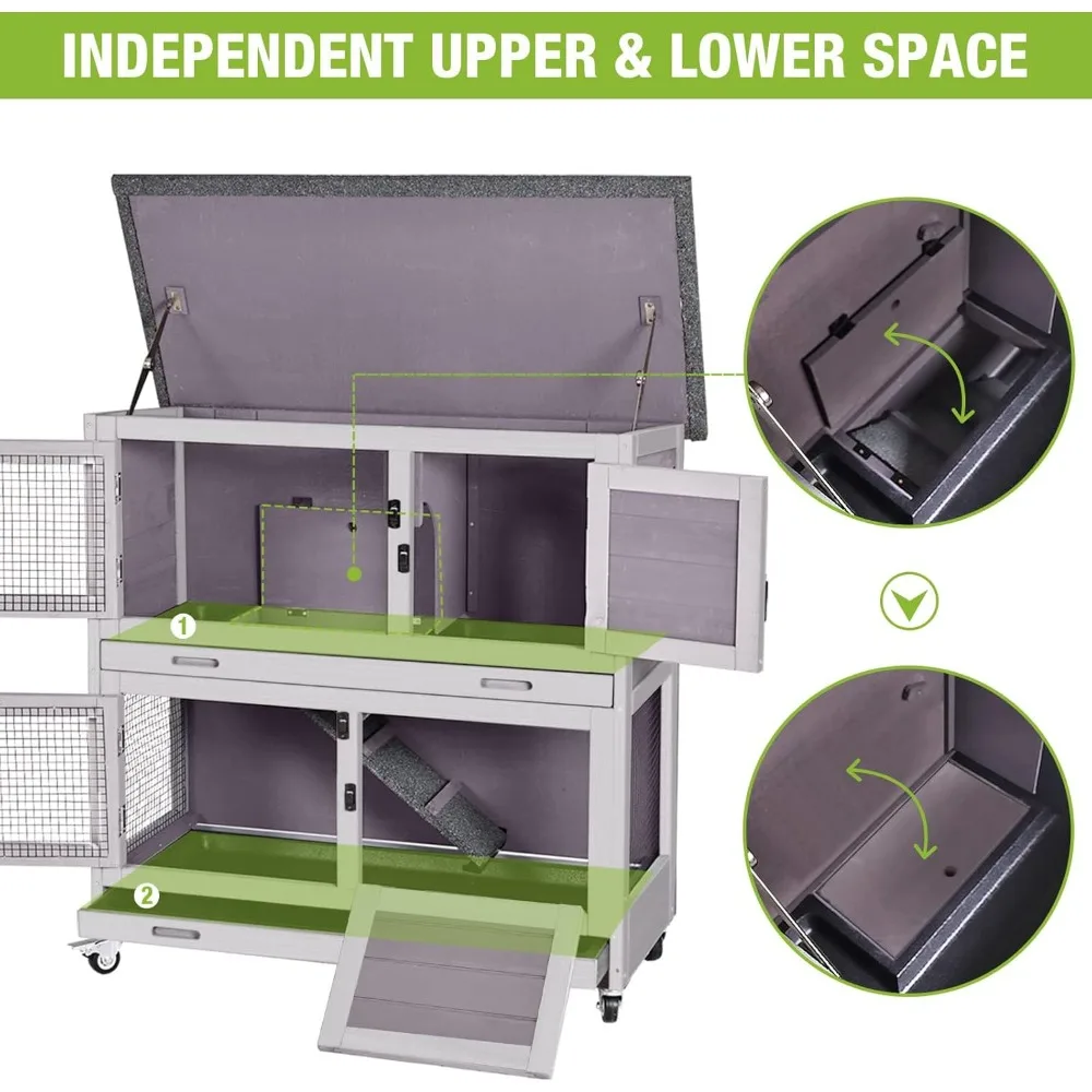 Rabbit Hutch Bunny Cage, Guinea Pig Cage Bunny Hutch Indoor, Wood Pet Cage with 4 Casters -2 Story & 2 Trays - Image 11