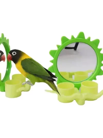 Parrot Toy Bird Feeder with Mirror Standing Holder Hanging Parrot Food Bowls Water Cup Plastic Pet Supplies