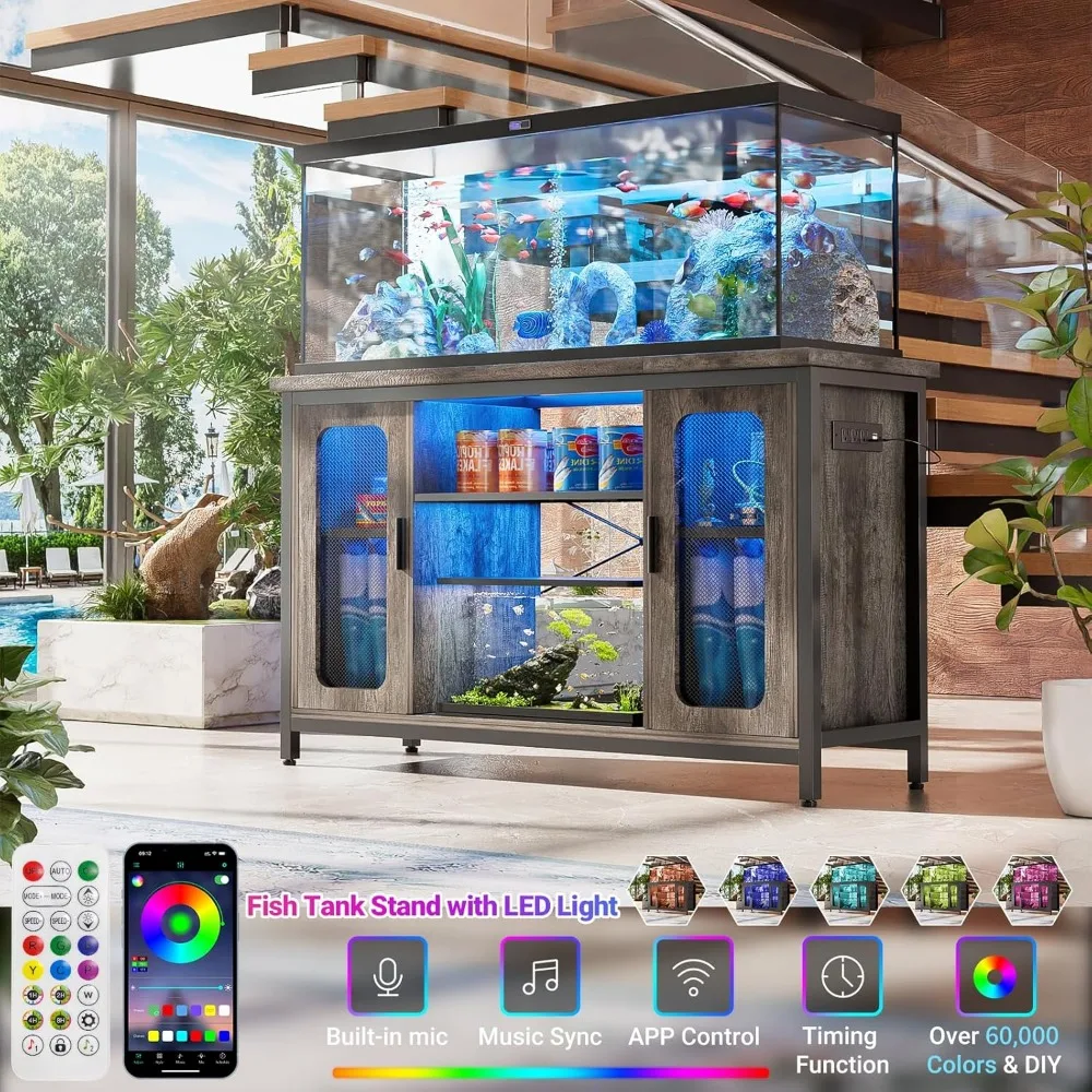 Reptile Tank Stand Fish Tank Stand with Power Outlets & LED Light, 55-75 Gallon Reversible Terrarium Stand with Cabinet - Image 3