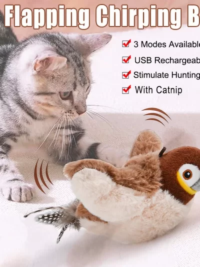 Cat Toys Interactive Flapping Chirping Bird Toy for Indoor Cat Electric Sparrow Toy with Catnip Touch Activated Cats Bird