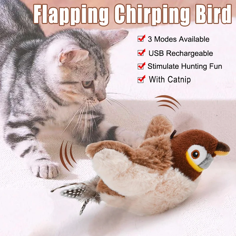 Cat Toys Interactive Flapping Chirping Bird Toy for Indoor Cat Electric Sparrow Toy with Catnip Touch Activated Cats Bird
