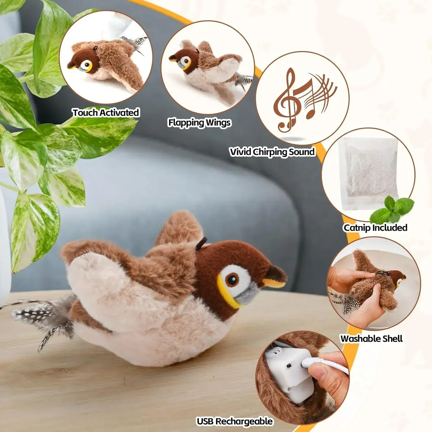 Cat Toys Interactive Flapping Chirping Bird Toy for Indoor Cat Electric Sparrow Toy with Catnip Touch Activated Cats Bird - Image 5