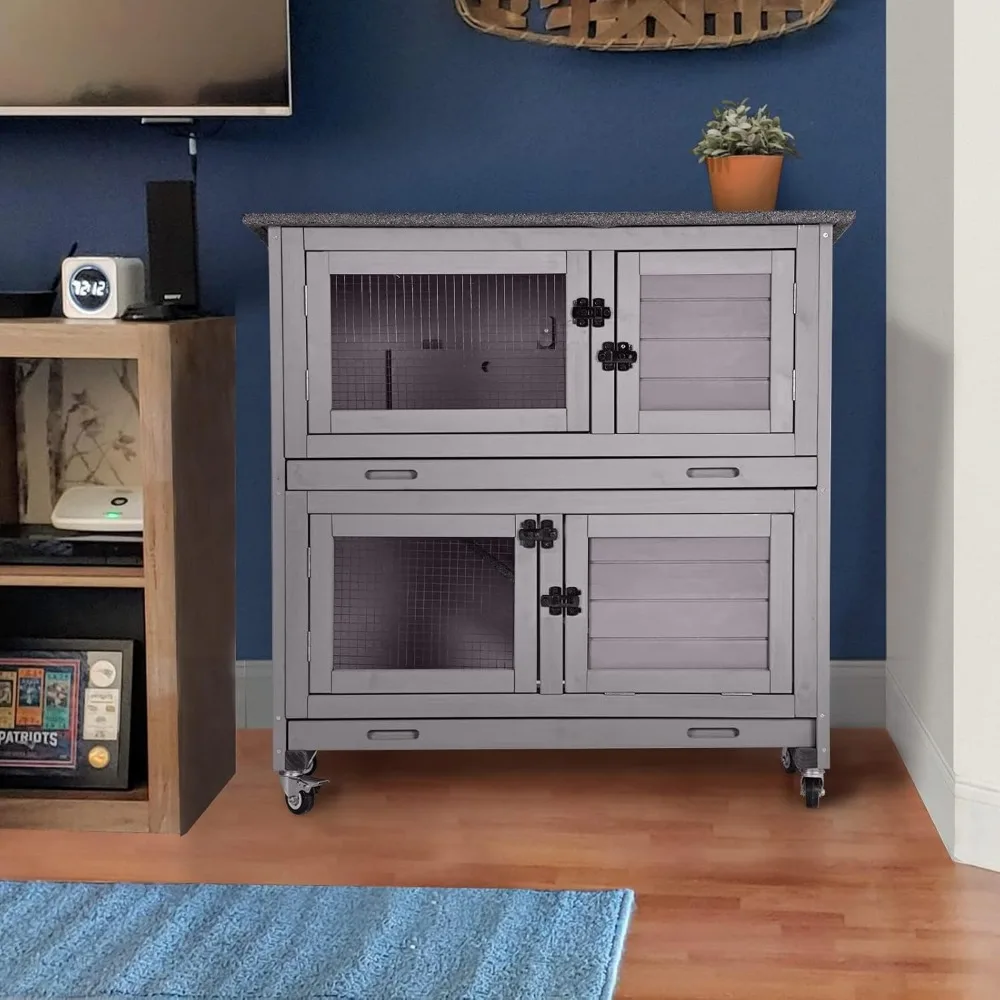 Rabbit Hutch Bunny Cage, Guinea Pig Cage Bunny Hutch Indoor, Wood Pet Cage with 4 Casters -2 Story & 2 Trays - Image 7