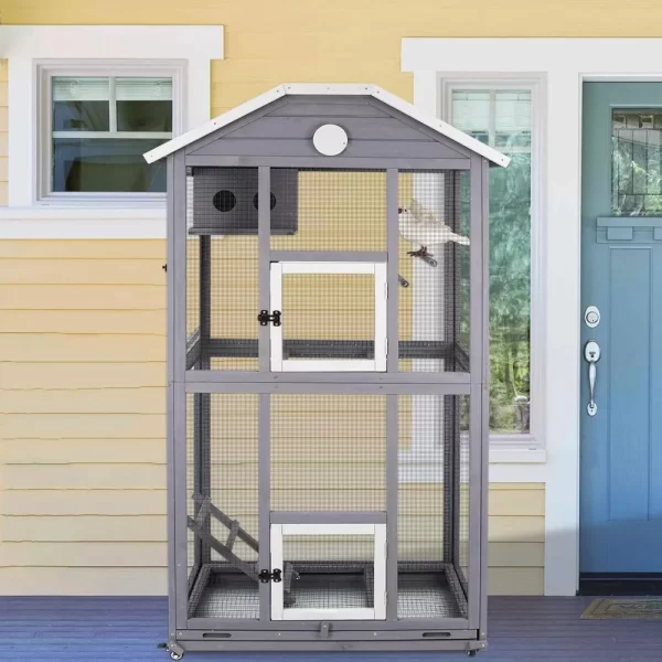 Outdoor Bird Cage Large, Wooden Flight Aviary with Perches, Nest Habitat, and Easy-Clean Pull Out Tray for Parakeets, Macaws