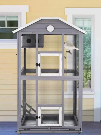 Outdoor Bird Cage Large, Wooden Flight Aviary with Perches, Nest Habitat, and Easy-Clean Pull Out Tray for Parakeets, Macaws