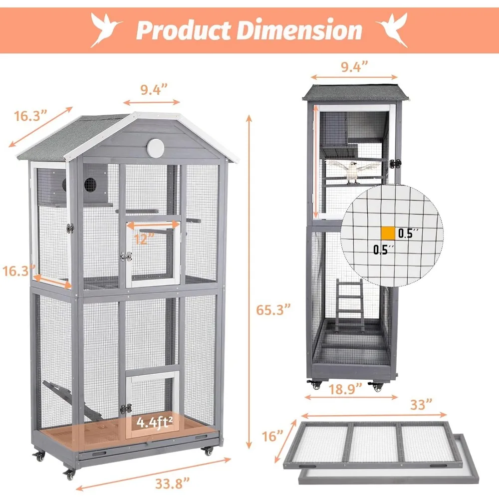 Outdoor Bird Cage Large, Wooden Flight Aviary with Perches, Nest Habitat, and Easy-Clean Pull Out Tray for Parakeets, Macaws - Image 5