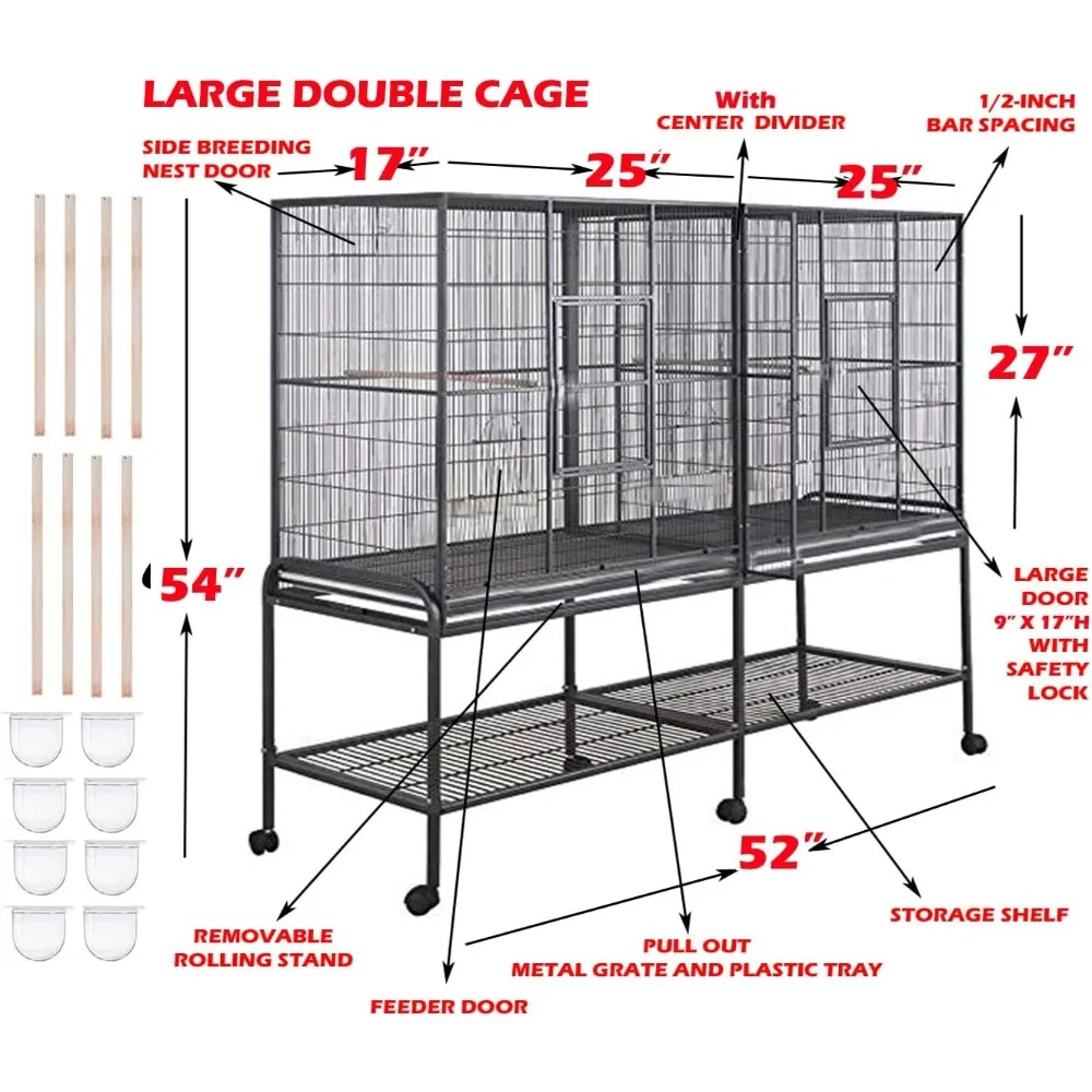 Large Double Flight Bird Wrought Iron Breeder Cockatiel Conure Cage with Slide Out Center Divider Side Breeding Nest Doors - Image 2