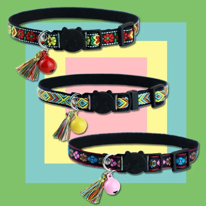 Adjustable cat collar with tassels and bells embellished pet collar colorful plaid jacquard pattern for cat and dog collars - Image 10
