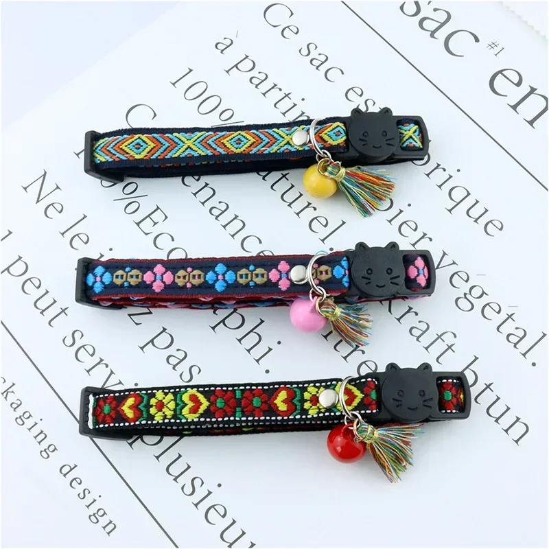 Adjustable cat collar with tassels and bells embellished pet collar colorful plaid jacquard pattern for cat and dog collars - Image 5