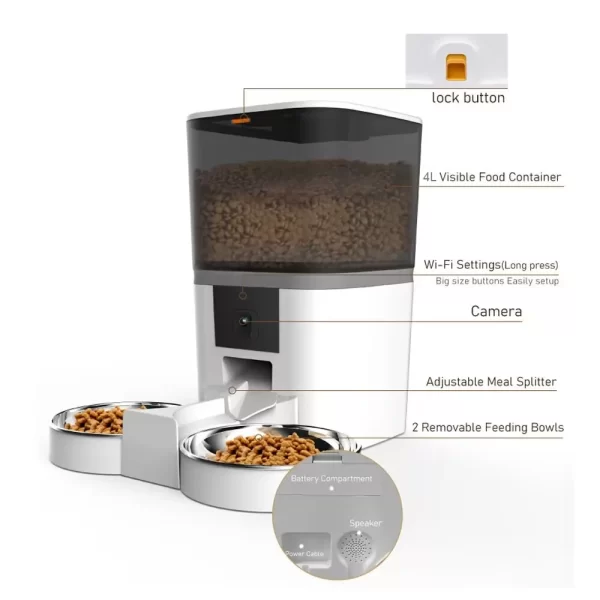 4L Automatic Cat Feeder Smart Pet Feeder For Cats Small Dogs Food Dispenser With Camera Recorder Timing Quantitative Double Bowl - Image 4