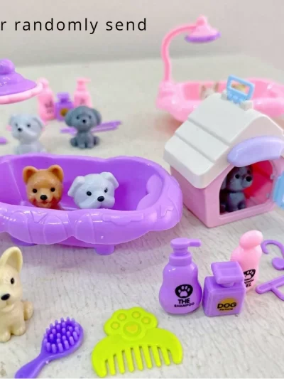 Cute Dog Pet Basket Family Toys Dog Doll Set Cage Toys Scene Playing Toys Christmas Decoration Thanksgiving Gifts color randomly