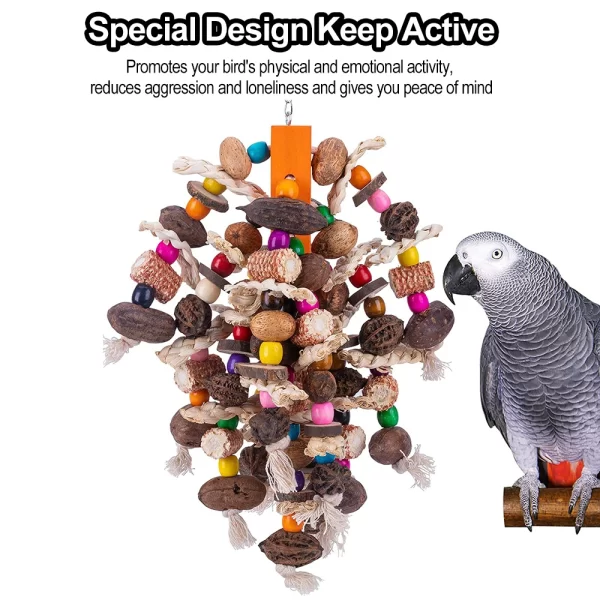 Large Parrot Chewing Toys Wooden Bird Cage Toy Natural Nuts Corn Parrot Toy for African Grey Macaws Cockatoos Other Large Birds - Image 3