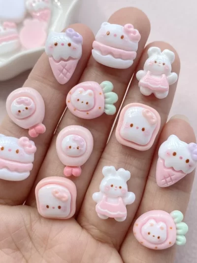 20Pcs Cute Resin Nail art Accessories Cartoon Rabbit, Kitten Ice cream Flat Back Ornament Jewelry Making Manicure Hairwea