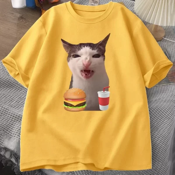 Cat Crunching Food Meme T-shirt Women Men Silly T Shirts Funny Cat Eating T-Shirt Short Sleeve Graphic Tees Streetwear - Image 6
