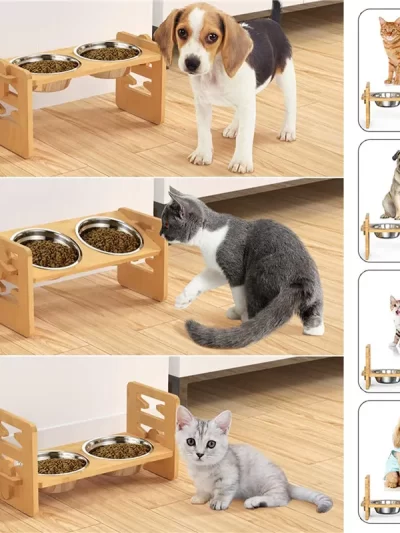 Bamboo Elevated Dog Bowls with Stand Adjustable Raised Puppy Cat Food Water Bowls Holder Feeder for Small Medium Pets