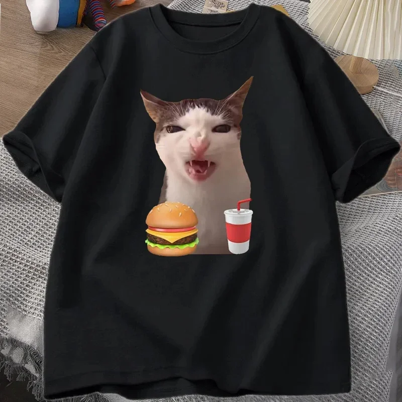 Cat Crunching Food Meme T-shirt Women Men Silly T Shirts Funny Cat Eating T-Shirt Short Sleeve Graphic Tees Streetwear