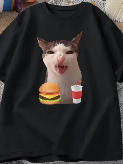 Cat Crunching Food Meme T-shirt Women Men Silly T Shirts Funny Cat Eating T-Shirt Short Sleeve Graphic Tees Streetwear