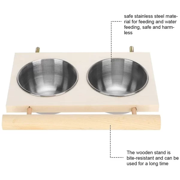Bird Feeder Stainless Steel Pet Parrot Feeding Bowl with Wooden Stand Feeding Watering Supplies for Birds Double Bowl - Image 4