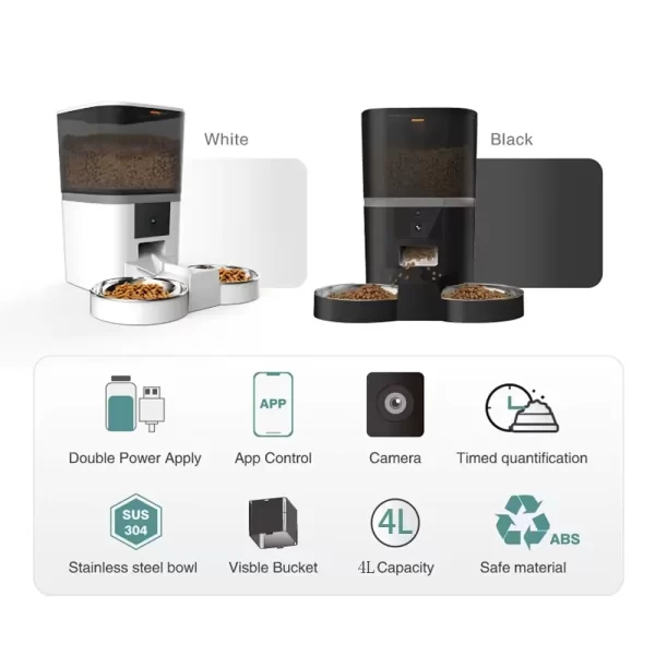 4L Automatic Cat Feeder Smart Pet Feeder For Cats Small Dogs Food Dispenser With Camera Recorder Timing Quantitative Double Bowl - Image 2
