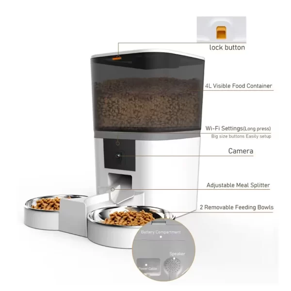 4L Automatic Smart Cat Pet Feeder For 2 Small Animals Food Dispenser Dog Feeding With Camera Voice Video Recording Food Bowl - Image 4