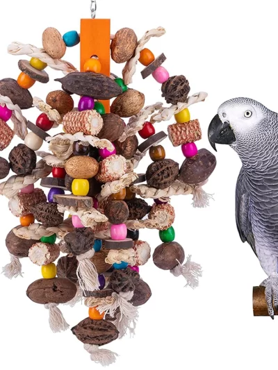 Large Parrot Chewing Toys Wooden Bird Cage Toy Natural Nuts Corn Parrot Toy for African Grey Macaws Cockatoos Other Large Birds