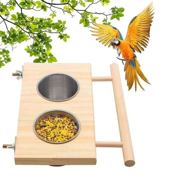 Bird Feeder Stainless Steel Pet Parrot Feeding Bowl with Wooden Stand Feeding Watering Supplies for Birds Double Bowl - Image 3